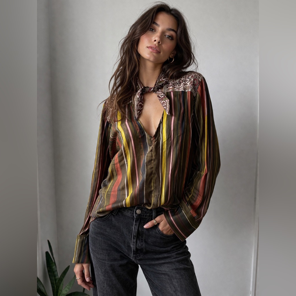 Aratta Silent Journey Blouse Boho Stripe Button Front Top Sheer Front Tie